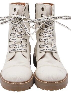 Zadig & Voltaire Cream Canvas Lace-Up Ankle Boots with Branded Laces
